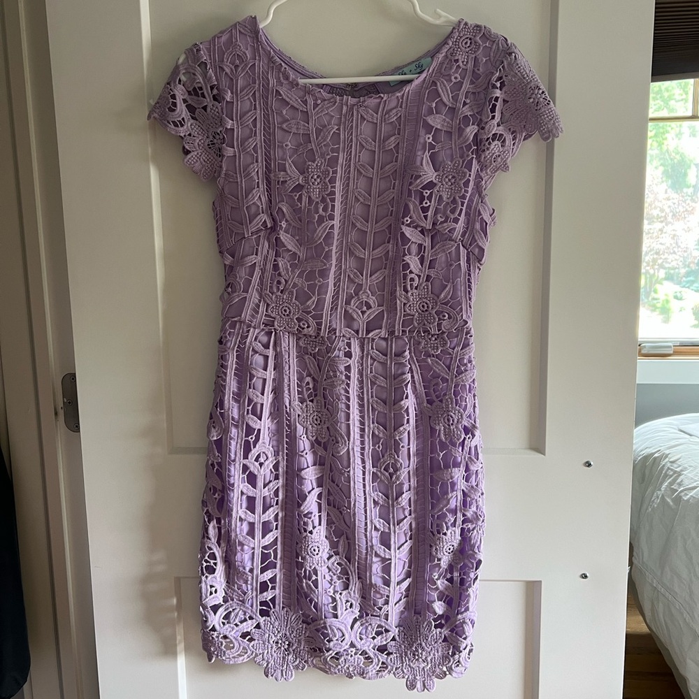 She + Sky Purple Sheath Midi Dress Flutter Sleeves